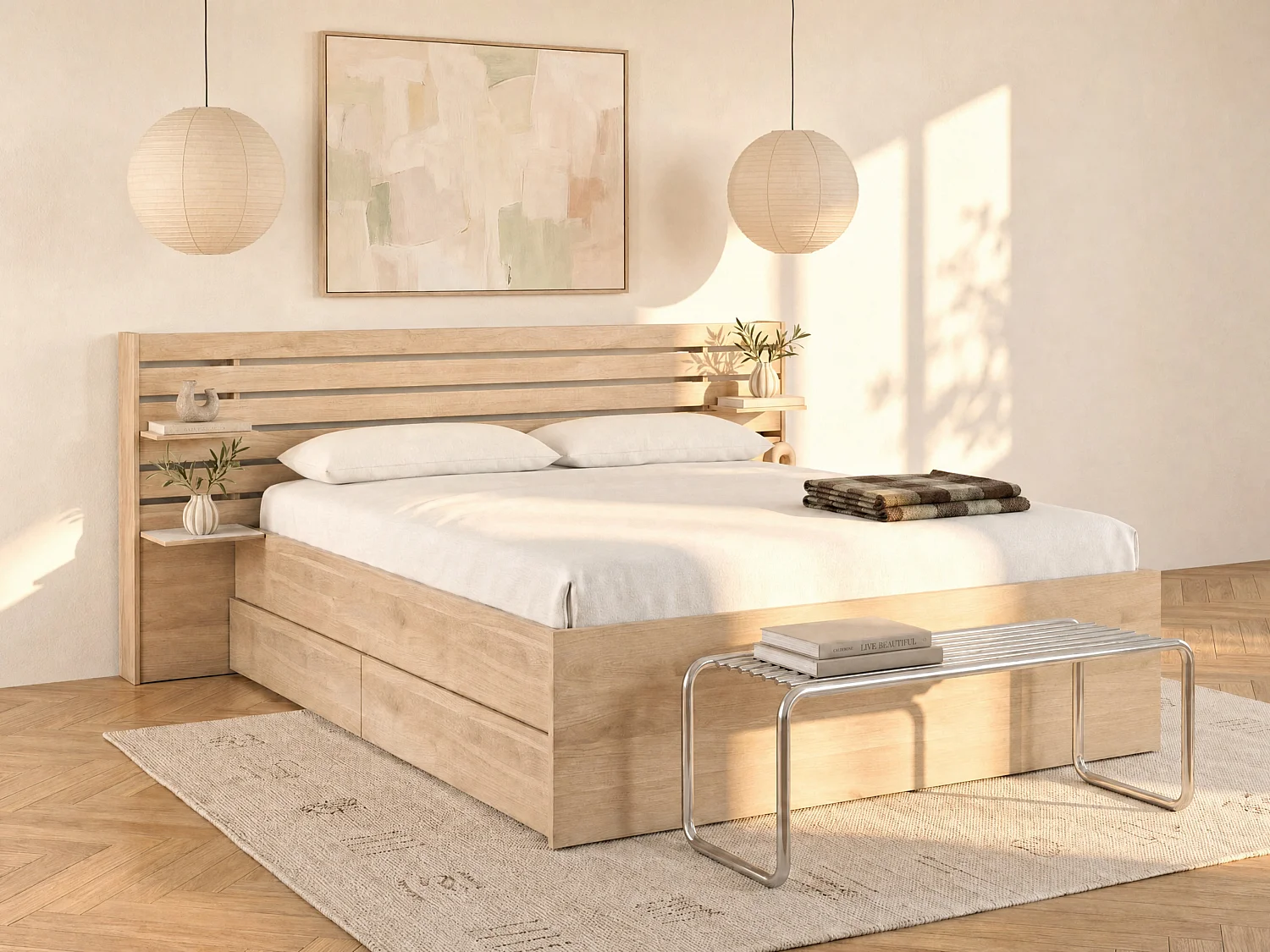 Bett 140 x 190/200 cm mit Stauraum + Lattenrost + Matratze - Holzfarben