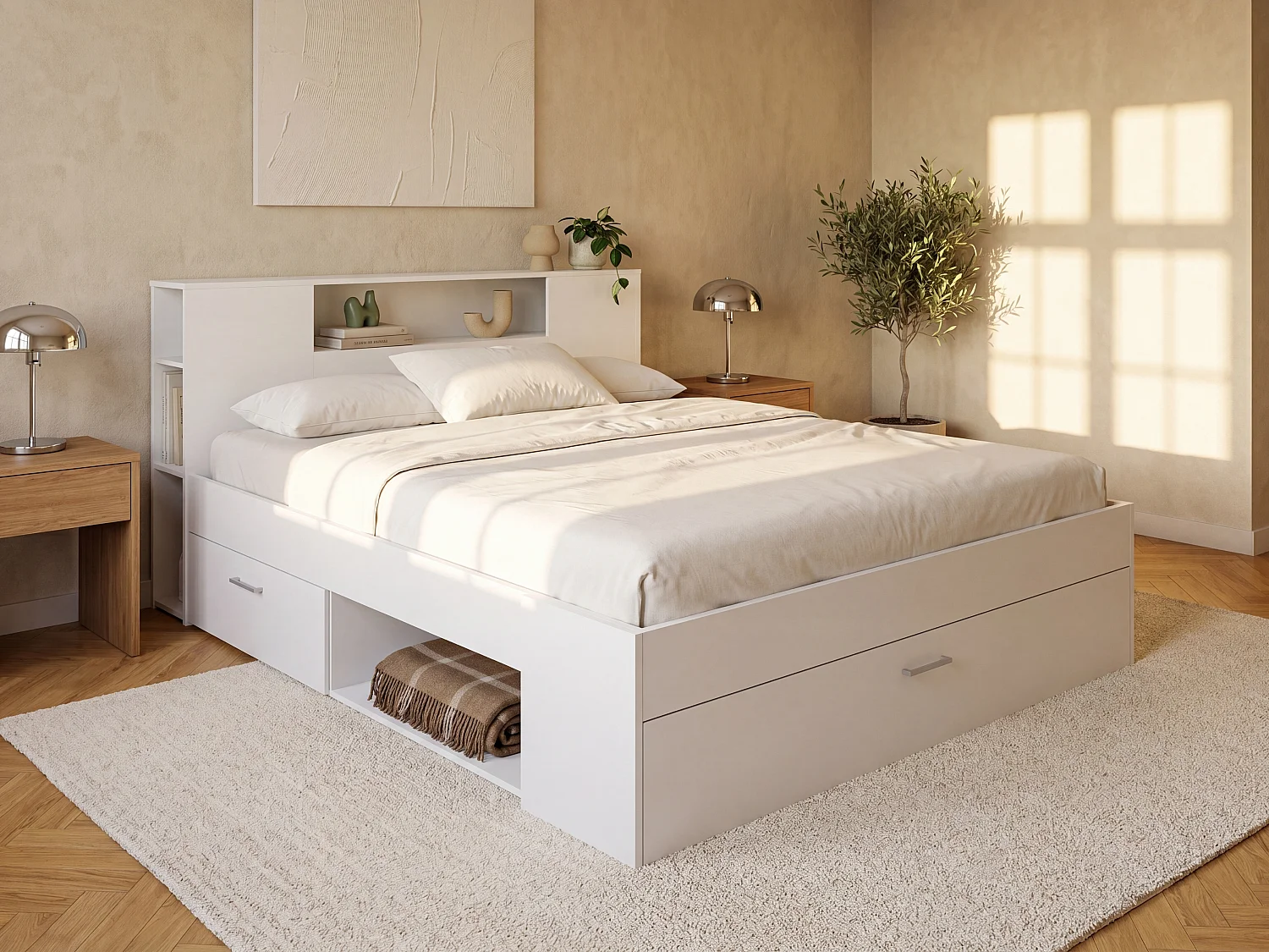 Bett mit Kopfteil, Stauraum & Schubladen - 160 x 200 cm - Weiß