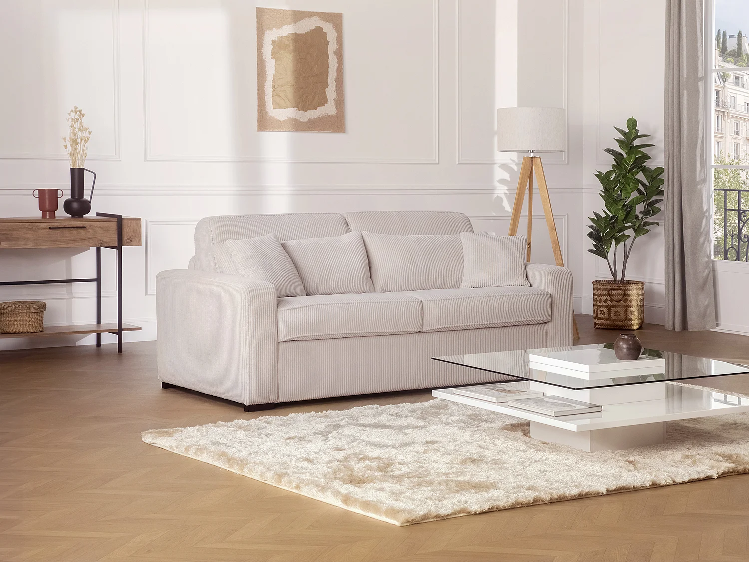 Express-Schlafsofa in beigefarbenem Cord, 160 cm Liegefläche, 16 cm Matratze, MONDOVI