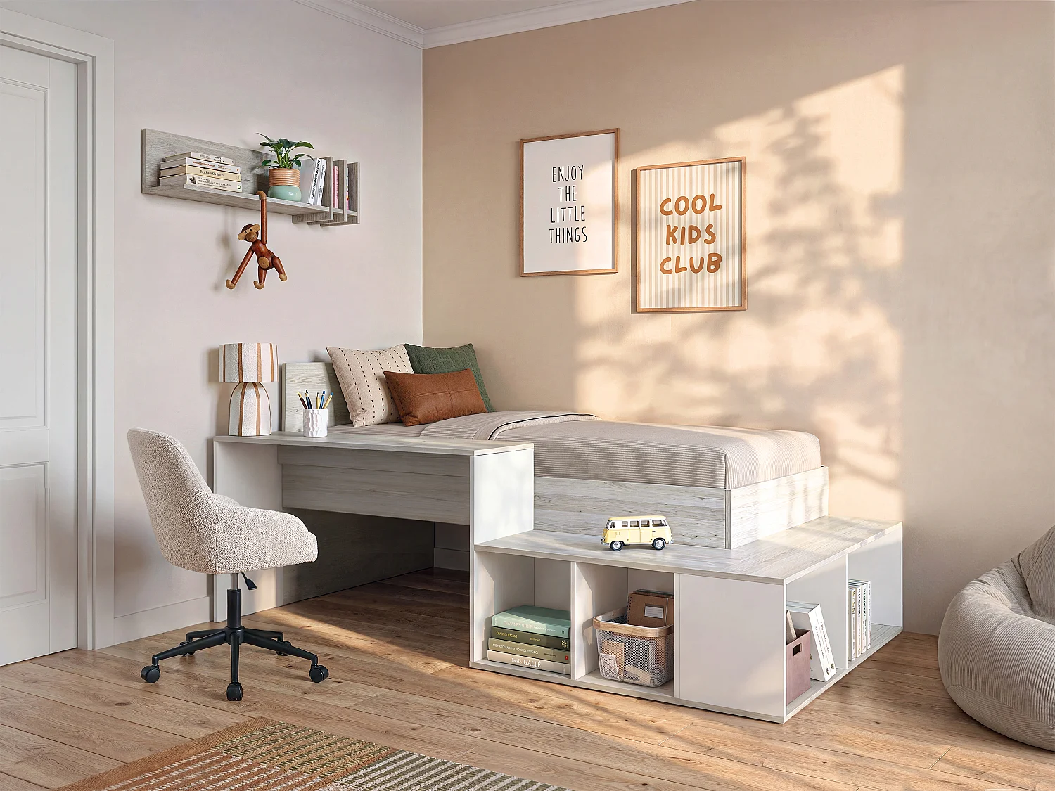 Kombi-Bett 90 x 200 cm mit Stauraum & Schreibtisch + Lattenrost + Matratze - Holzfarben & Weiß