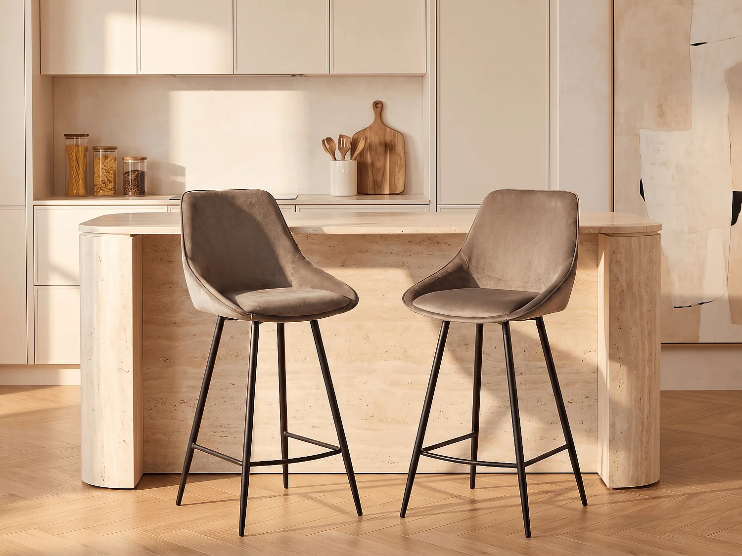 Barhocker 2er-Set - Cord & schwarzes Metall - Cremefarben