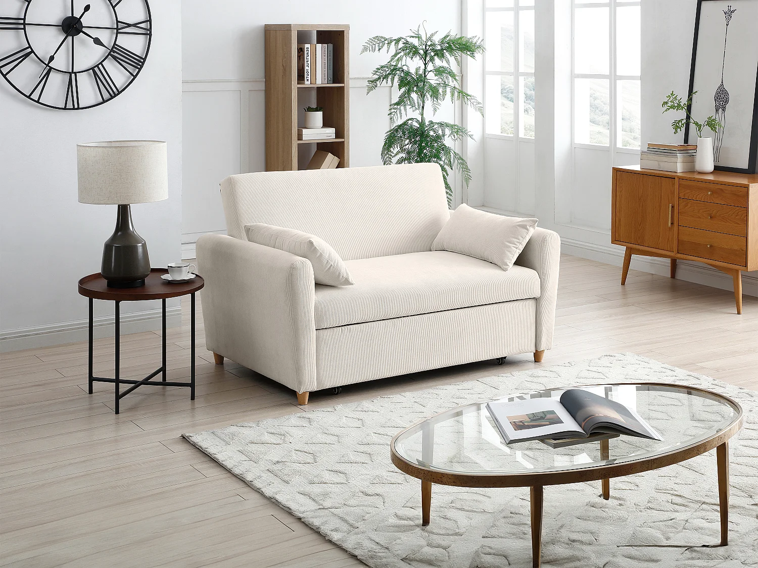 2-Sitzer Schlafsofa mit Bettkasten aus beigem Stoff AYLA