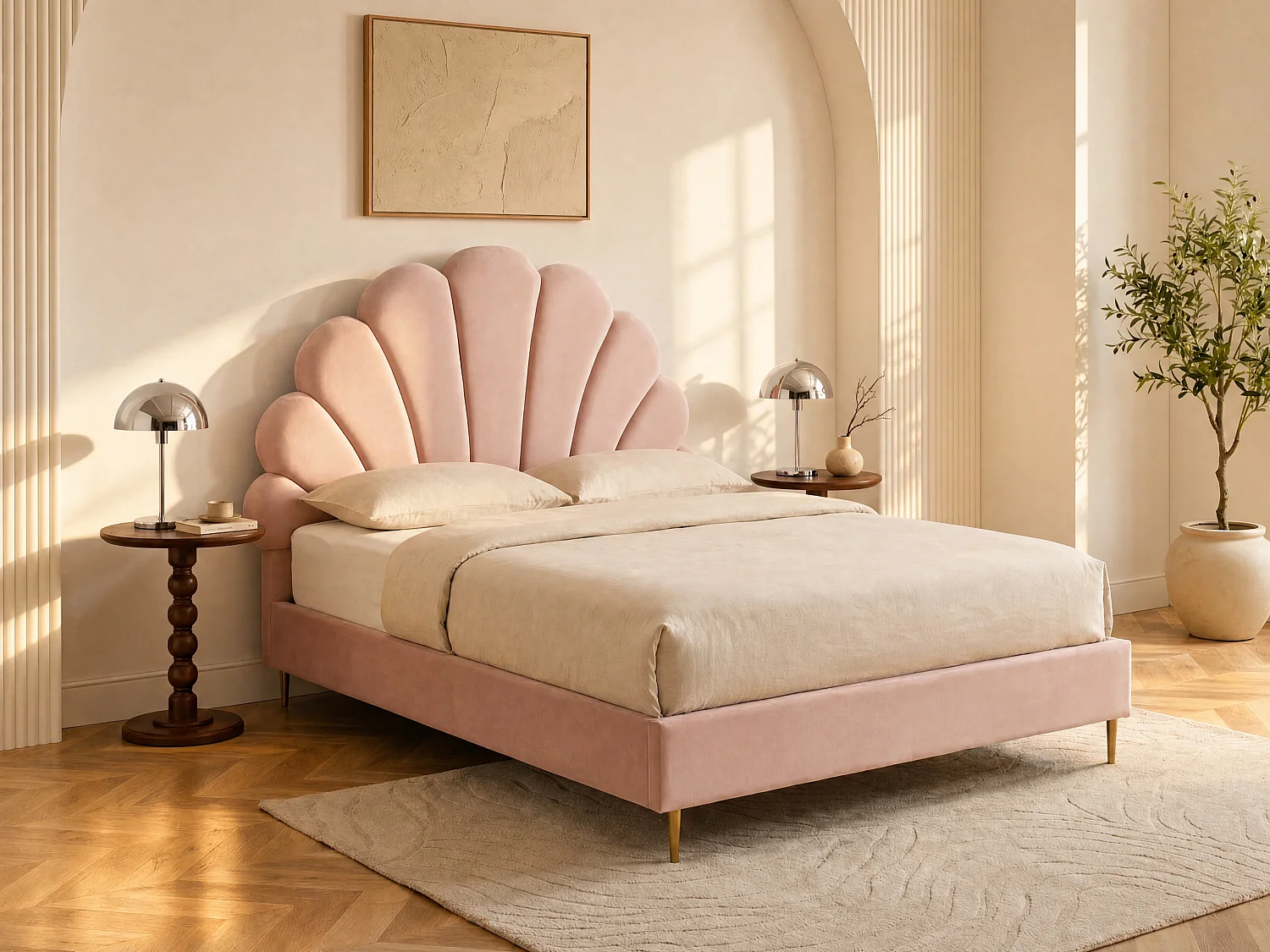 Bett mit Kopfteil in Muschelform - 140 x 190 cm - Samt - Rosa