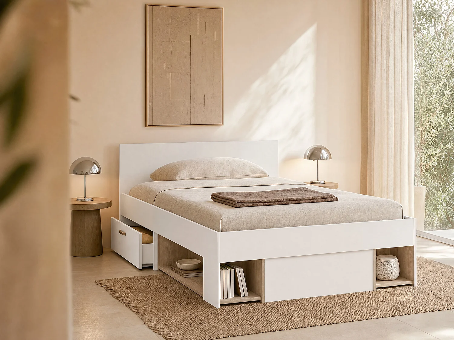 Bett 120 x 190/200 cm mit Stauraum - Weiß & Holzfarben