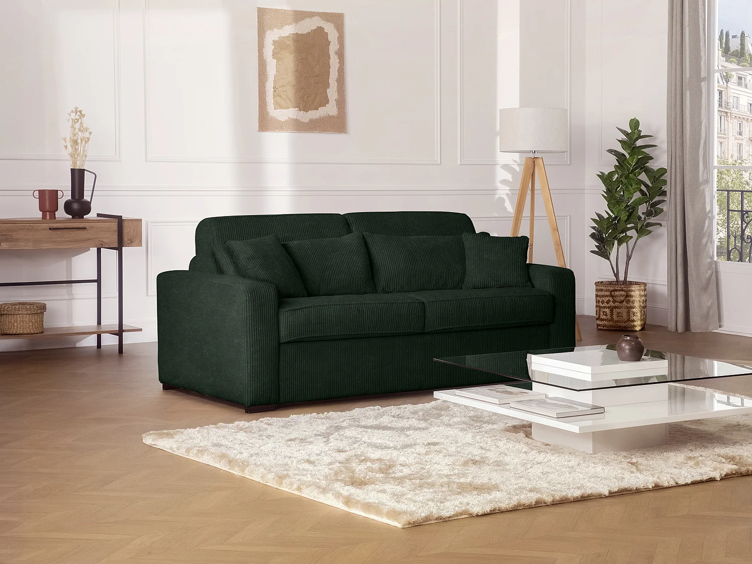 MONDOVI Express Schlafsofa aus grünem Cord mit Lattenrost, 160 cm breit, 16 cm dick