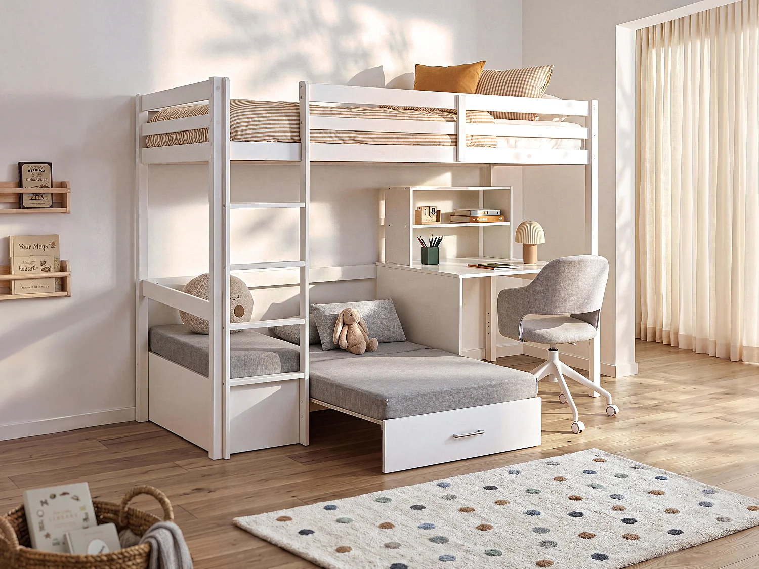 Hochbett mit Schreibtisch, Schlafsofa & Stauraum - 90 x 200 cm - Kiefernholz & MDF - Weiß