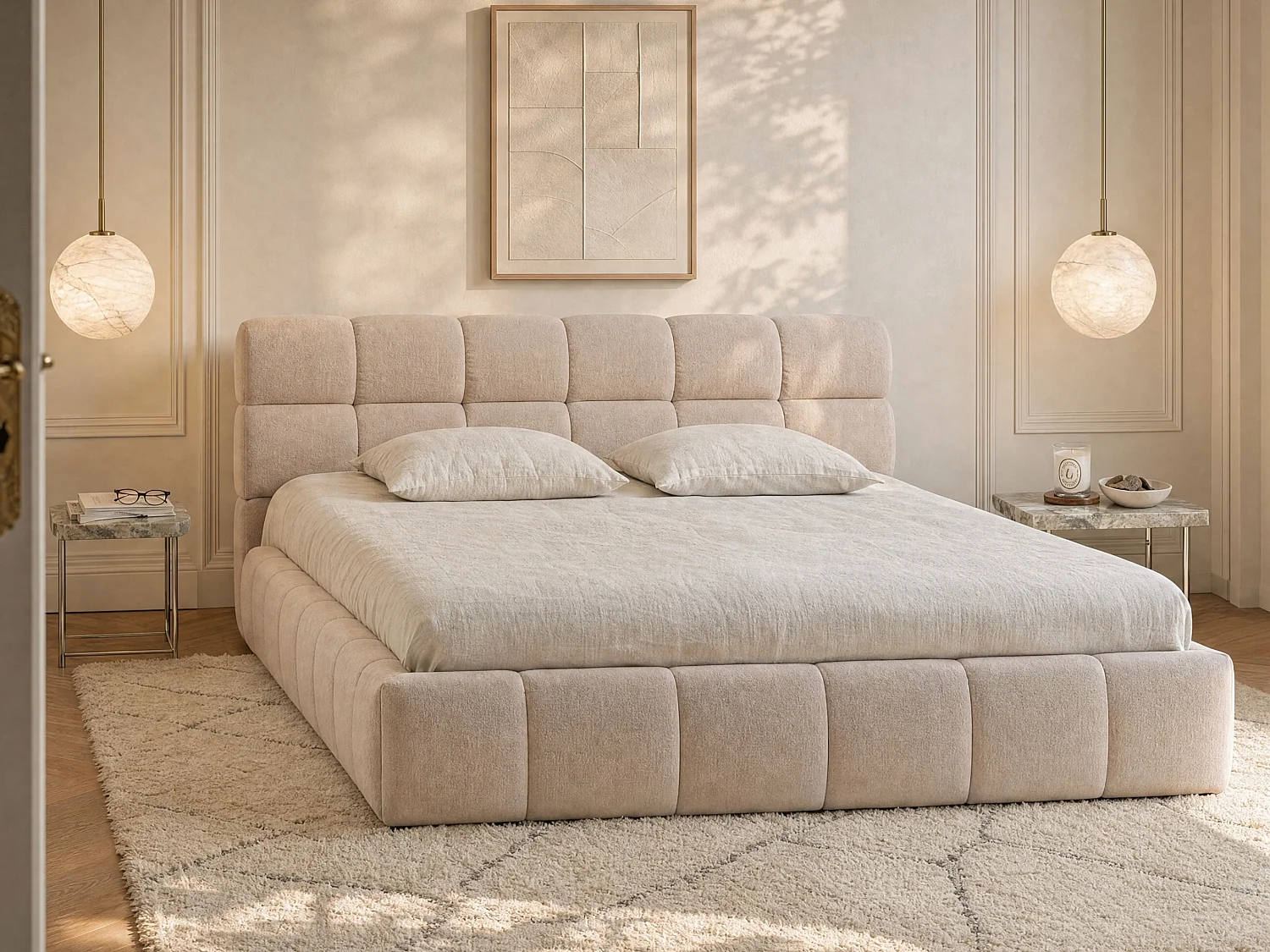 Bett mit Bettkasten - 180 x 200 cm - Stoff - Beige