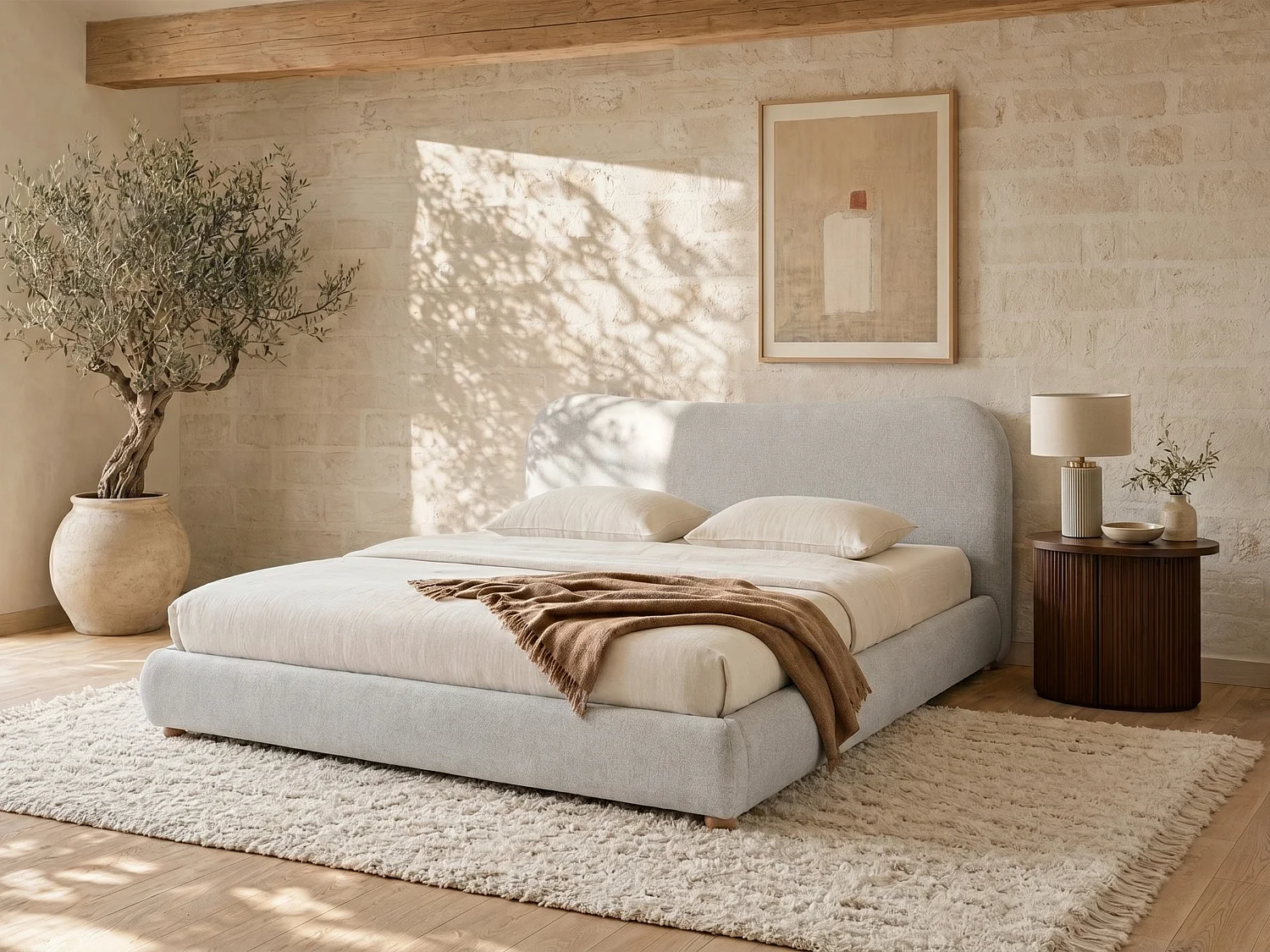 Bett mit Bettkasten - 180 x 200 cm - Stoff - Beige + Matratze