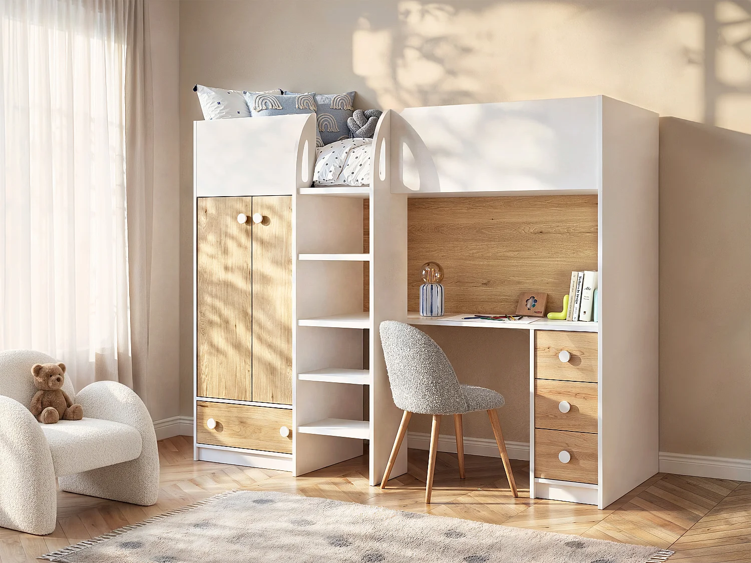 Hochbett mit Kleiderschrank & Schreibtisch - 90 x 190 cm - Weiß & Holzfarben