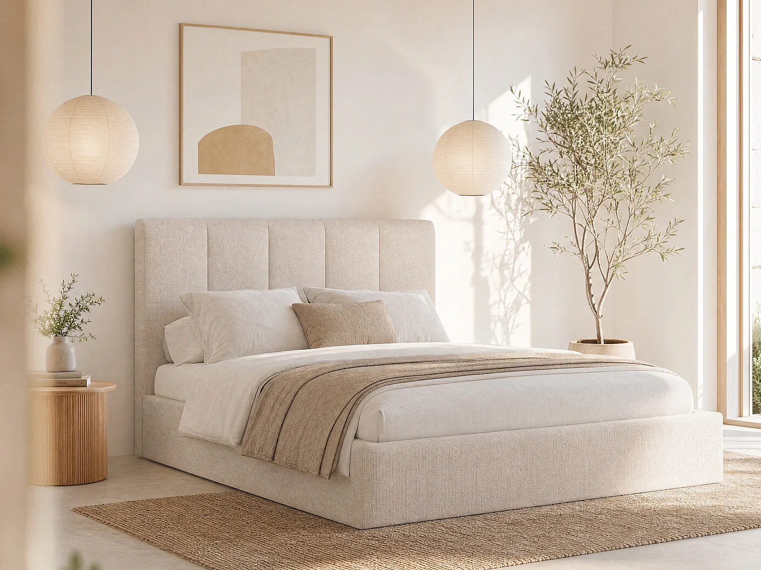 Bett mit Bettkasten & Kopfteil mit vertikalen Ziernähten - 180 x 200 cm - Stoff - Beige