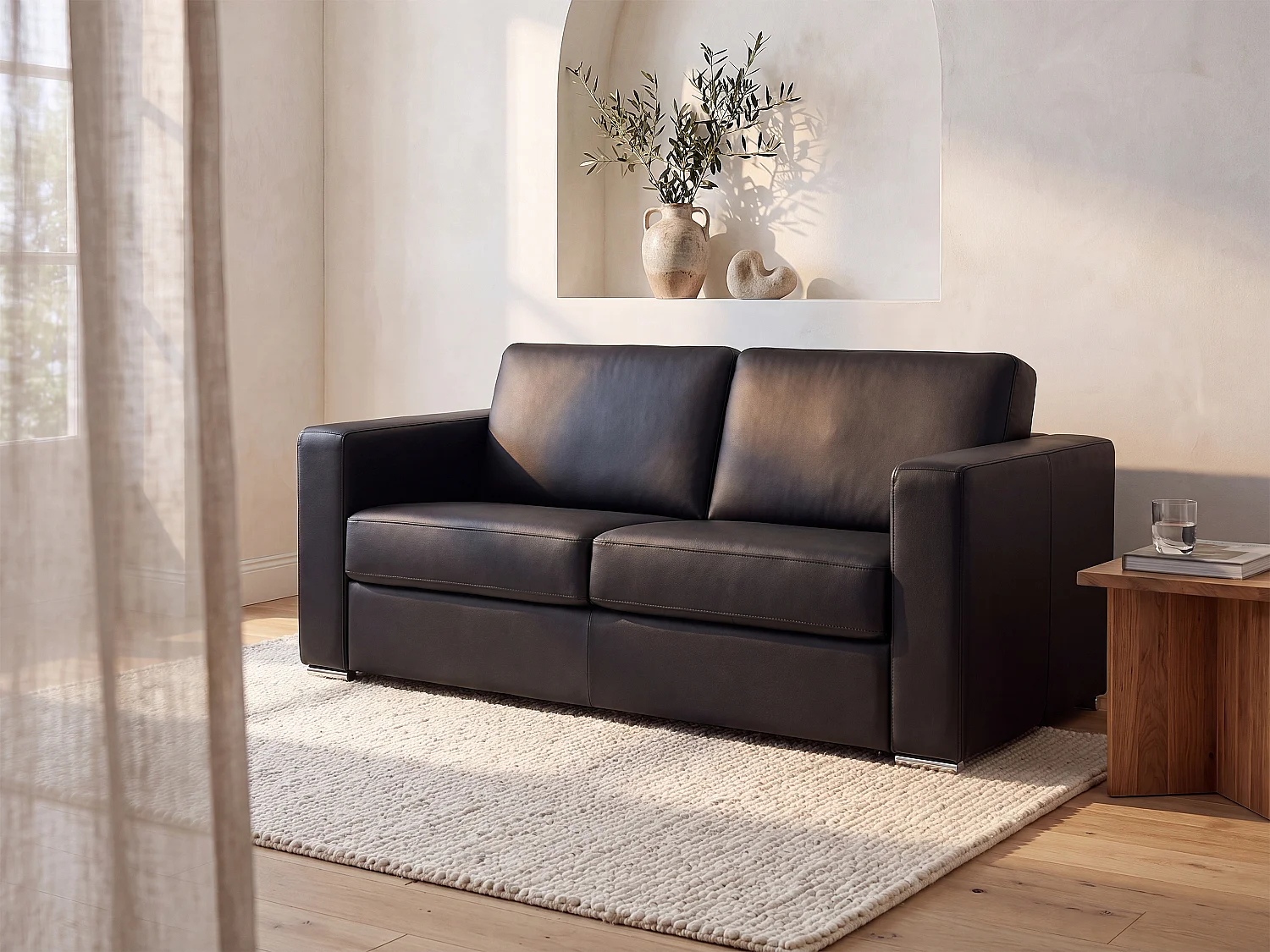 Schlafsofa mit Matratze 3-Sitzer - Büffelleder - Schwarz - Liegefläche 140 cm - Matratze 14 cm - CALITO