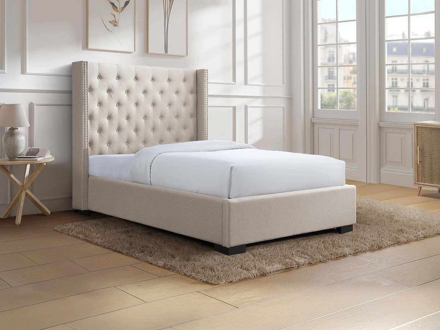 Bett 120 x 200 cm mit gepolstertem Kopfteil aus beigem Stoff + Matratze