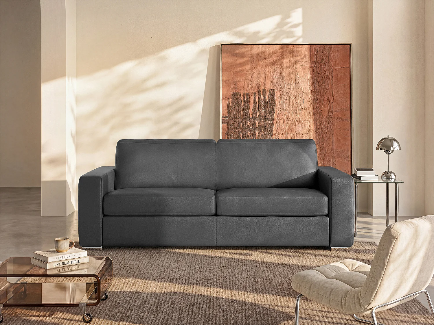 Schlafsofa für 4 Personen mit Express-Bettfunktion aus Leder in Grau. Liegefläche 160 cm. Matratze 14 cm. CALITO