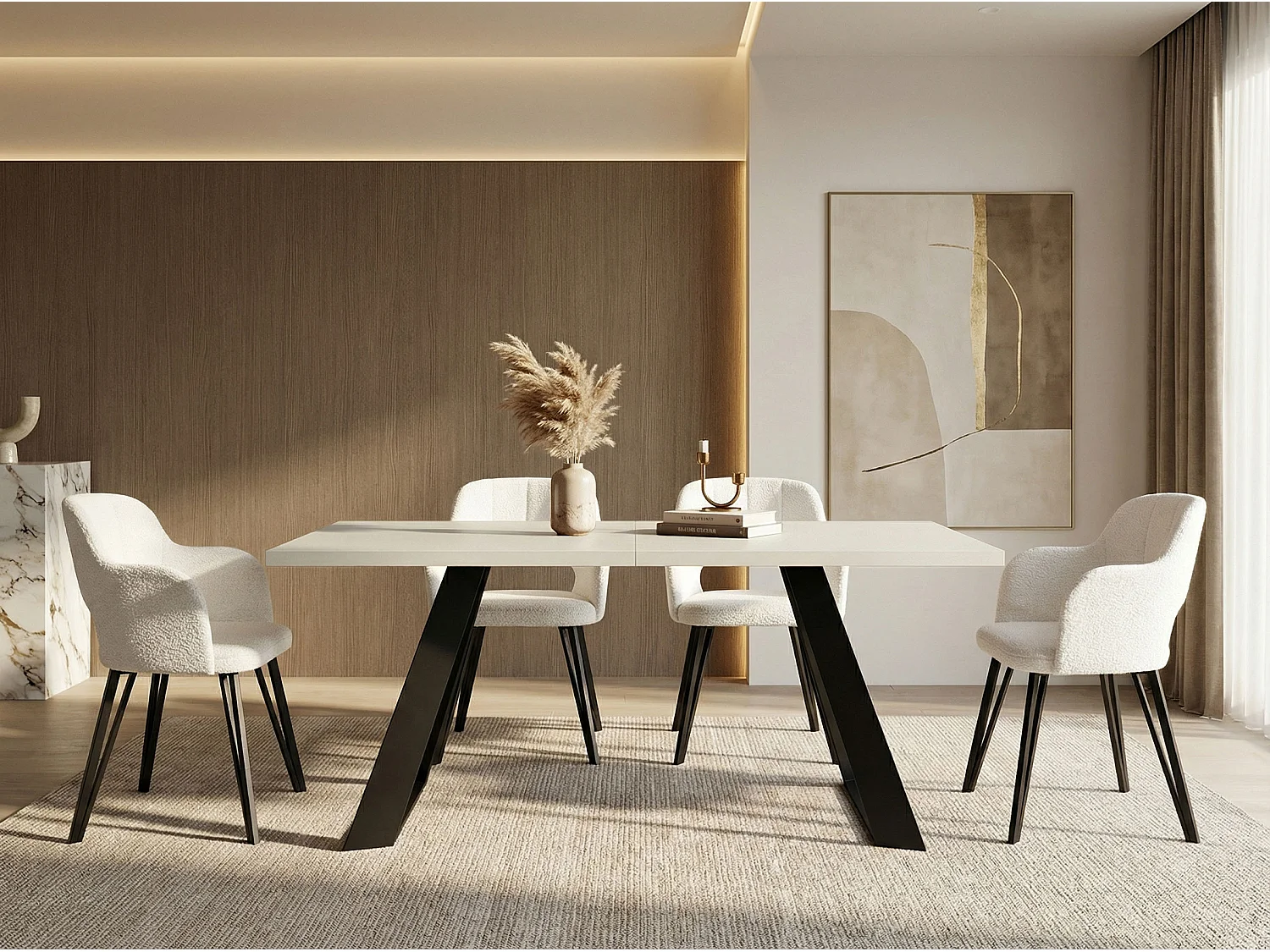 Esstisch Colter Schwarz im Modern Still, Rechteckig Tisch - Ausziehbar von 160 cm bis 260 cm, Pulverbeschichtete Weiße Metallbeine - 160 x 80 cm
