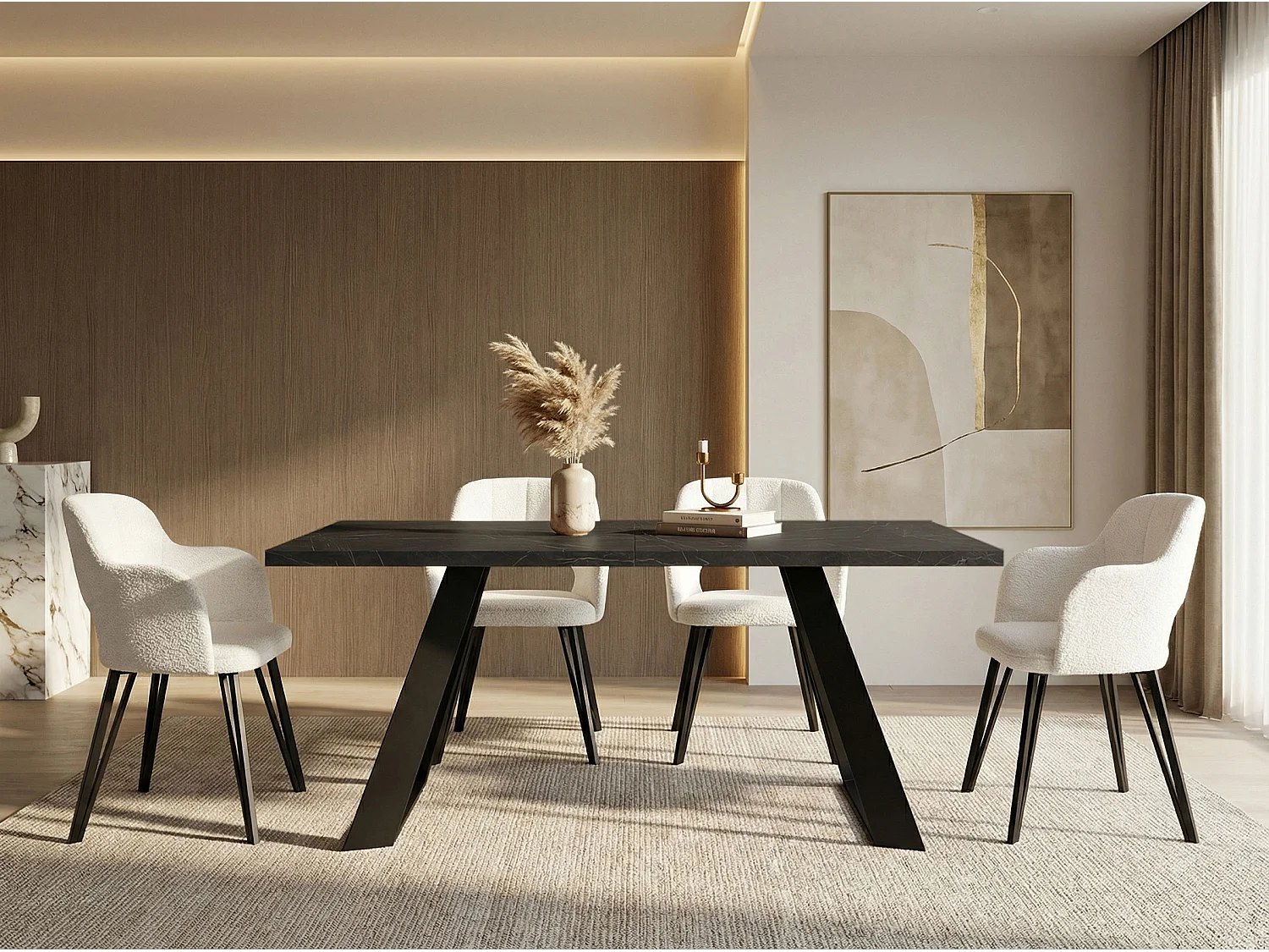 Esstisch Colter Schwarz im Modernen Still, Rechteckig Tisch - Ausziehbar von 160 cm bis 260 cm, Pulverbeschichtete Weiße Metallbeine - 160 x 80 cm