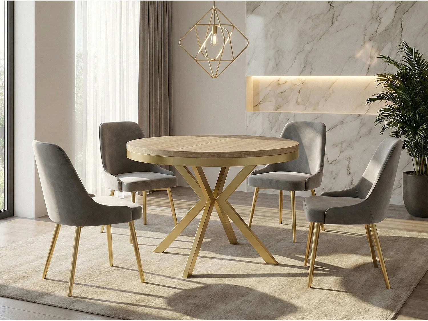 Runder Ausziehbarer Esstisch - Loft Style Tisch mit Goldenen Metallbeinen - 100 bis 180 cm - Industrieller Tisch für Wohnzimmer - Kompakt - 120 cm