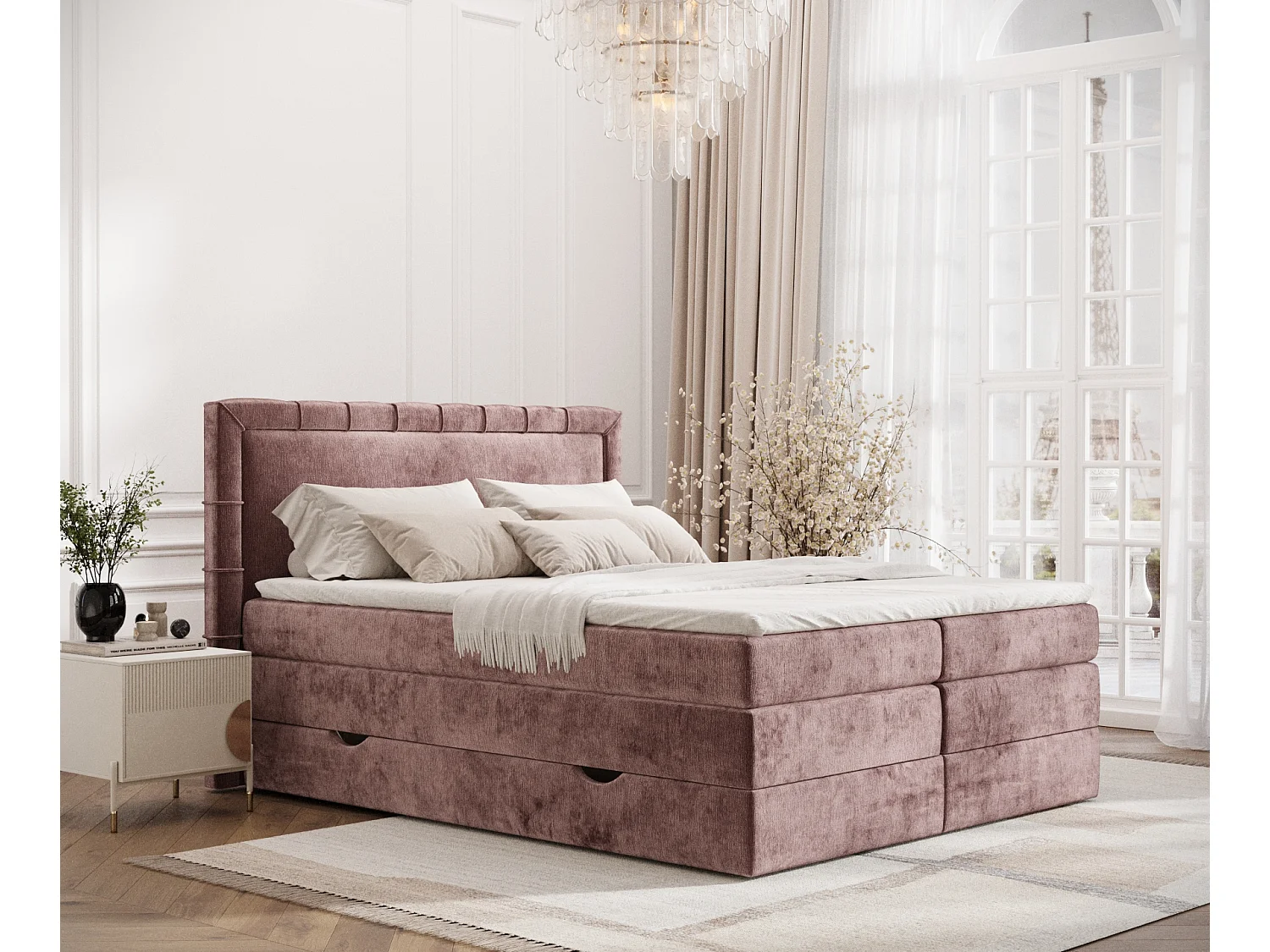 Boxspringbett aus Chenille-Stoff Rosabel - Matratze - Toppermatratze - 140x200 cm