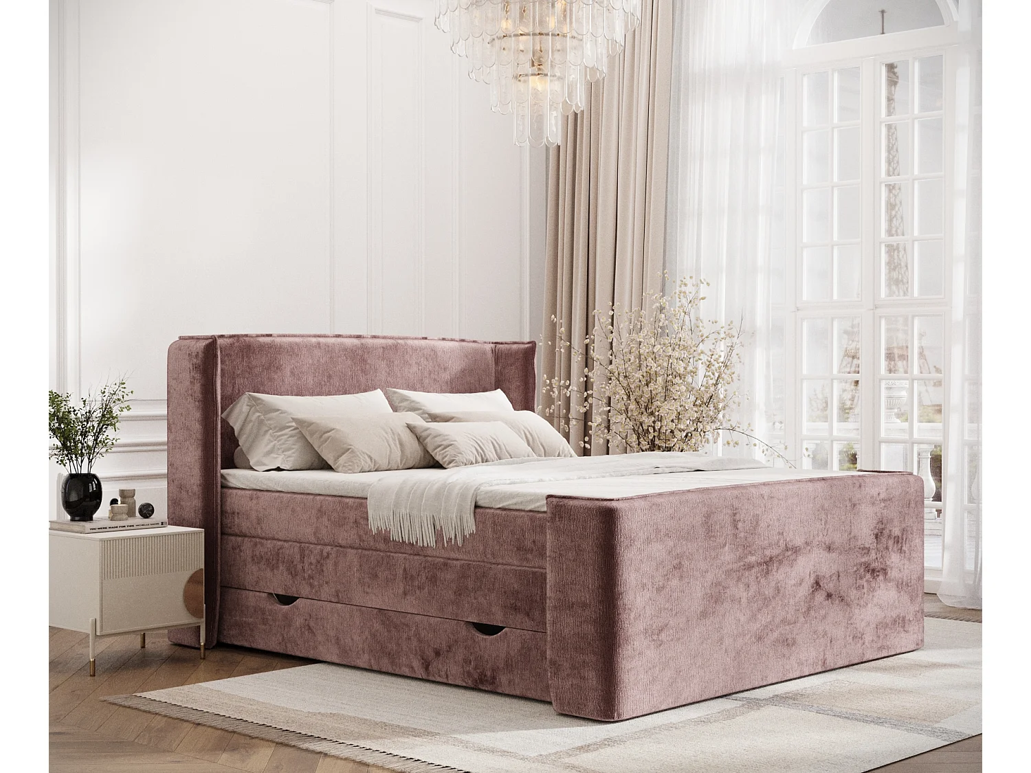 Boxspringbett aus Chenille-Stoff Freeland - Matratze - Toppermatratze - 160x200 cm