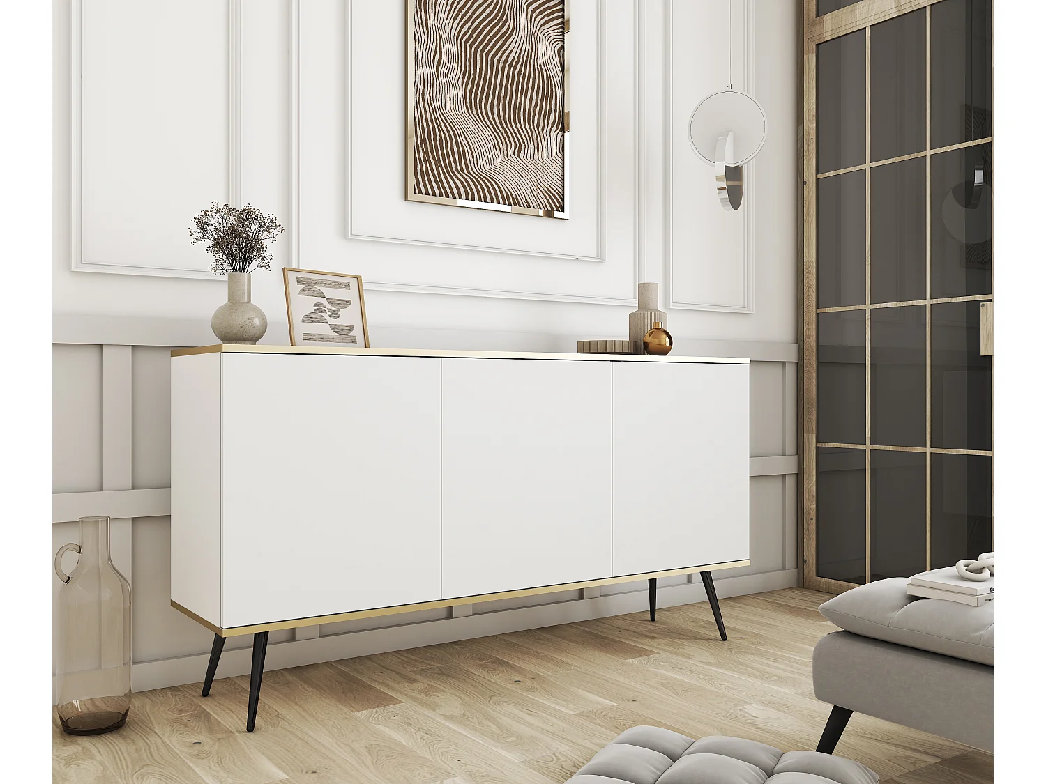 KOMMODE ORO K-160 Modern 160 cm breit beige, 2 türen, 2 schubladen, push-to-open, metallfüße schwarz 23 cm, laminierte platte 16 mm