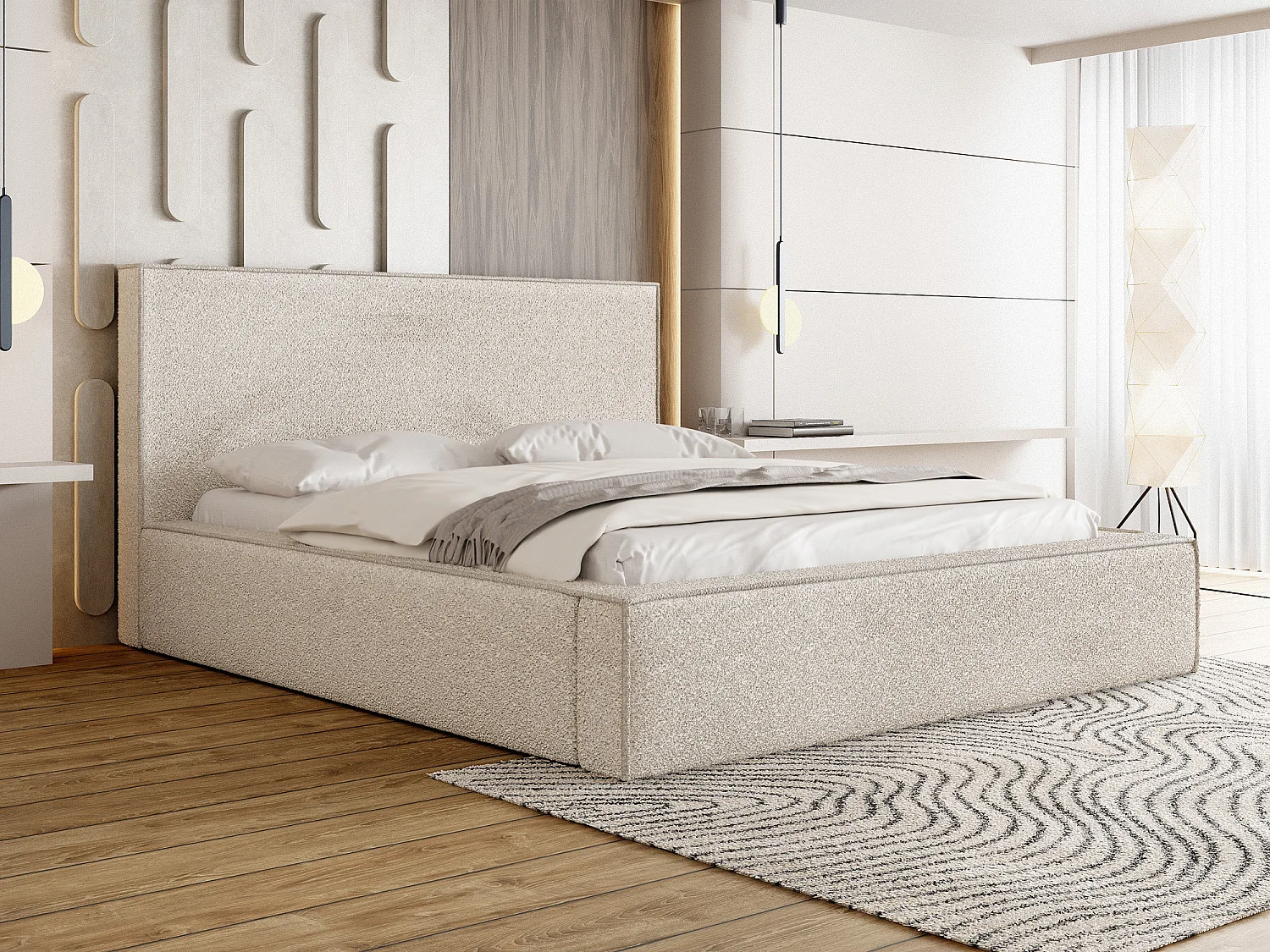 Polsterbett 140x200 – Bettkasten mit Lattenrost – Bouclé oder Samt Creme – Hohes Kopfteil – Bettgestell ohne Matratze – Terra – Modernes Doppelbett –
