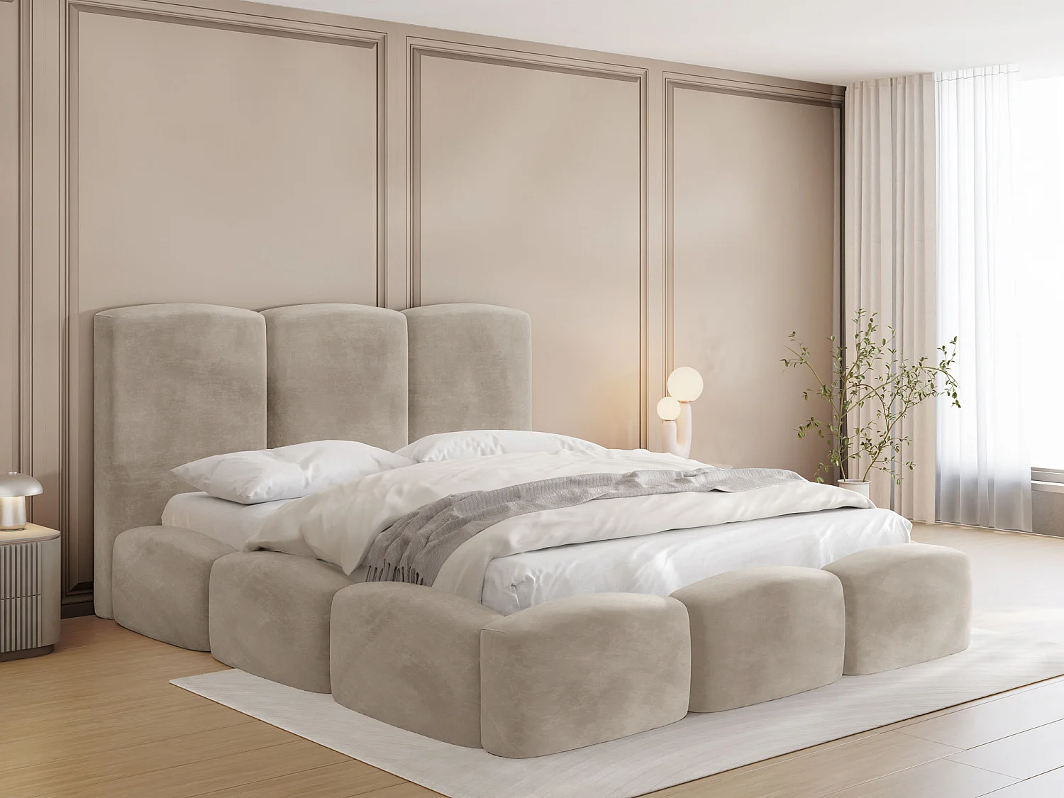 Polsterbett 200x200 mit Bettkasten & Lattenrost – Stauraumbett mit hohem Kopfteil in Beige Samt Velours – Doppelbett mit Stauraum, ohne Matratze –