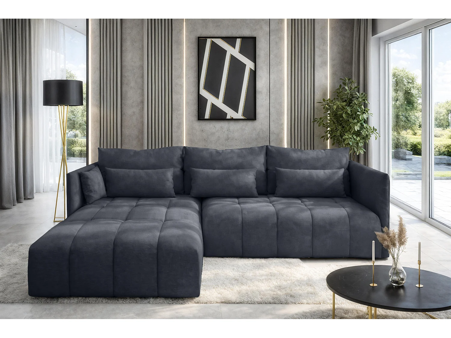 AX LIVING Eckcouch Grau Ecksofa mit Schlaffunktion Bettkasten Cosmova