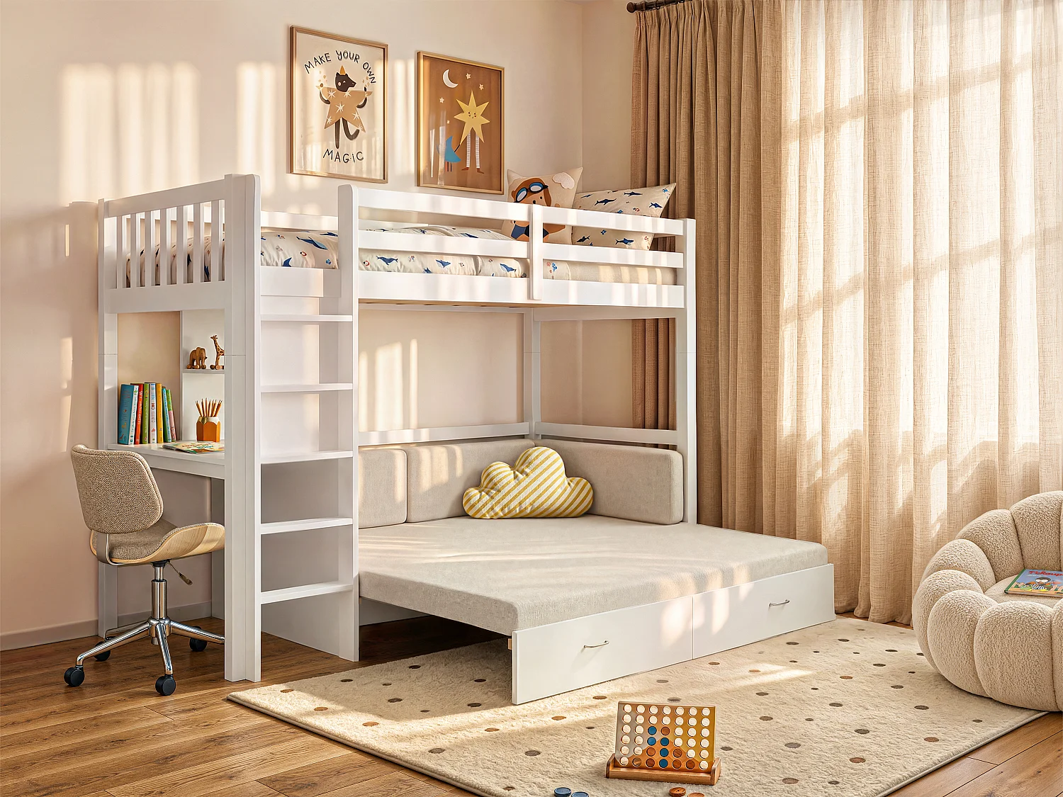 Hochbett 90 x 190 cm mit ausziehbarem Schlafsofa Kiefer und MDF Weiß + Matratze