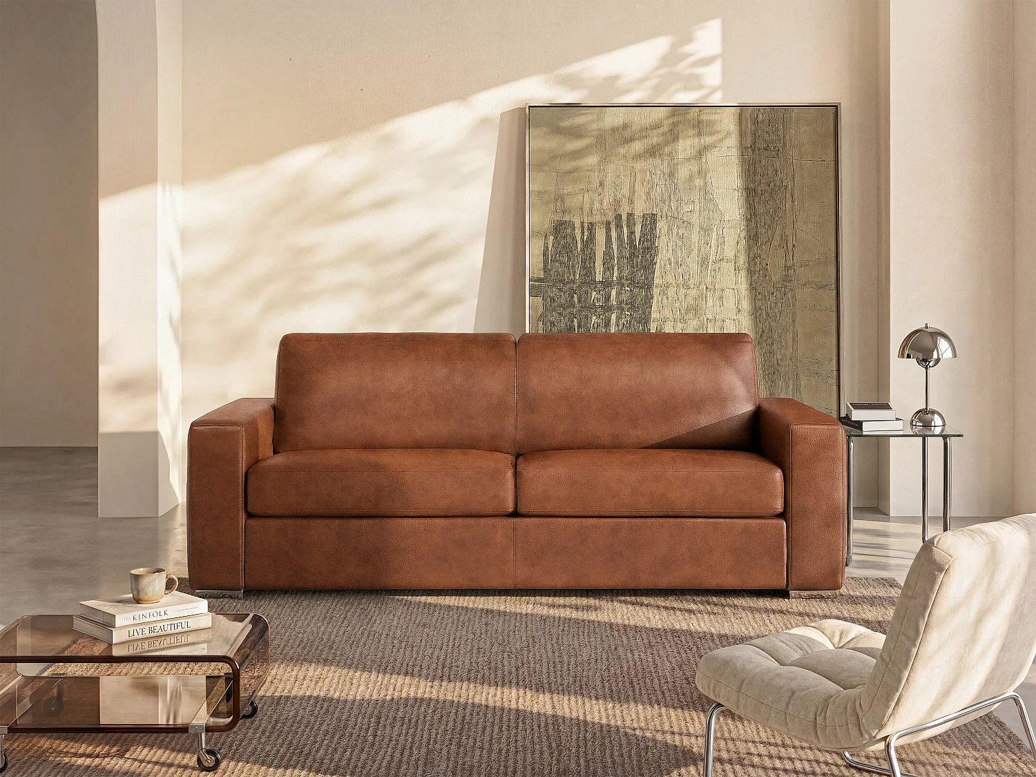 Schlafsofa mit Matratze 4-Sitzer - Liegefläche 160 cm - Matratze 14 cm - Büffelleder - Vintage Caramel - CALITO
