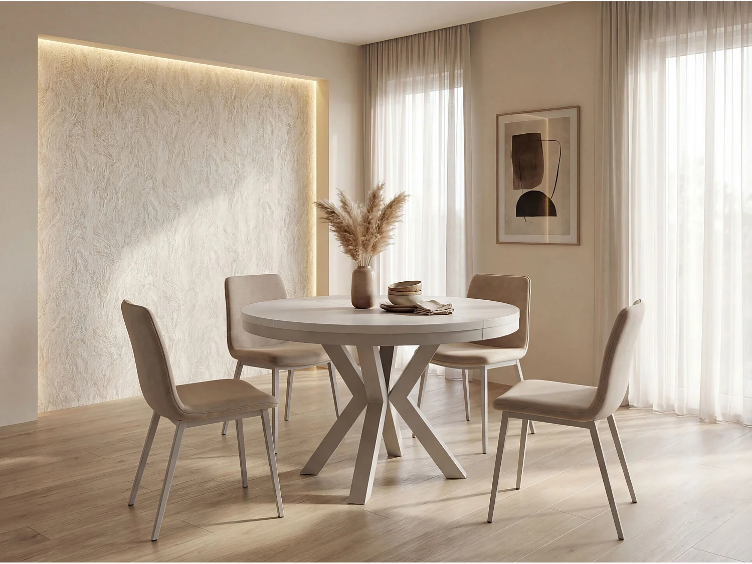 Runder Ausziehbarer Esstisch im Loft-Stil - Industrieller Tisch mit Grau-Beige Metallbeinen - Platzsparender Tisch für Wohnzimmer - Weiß