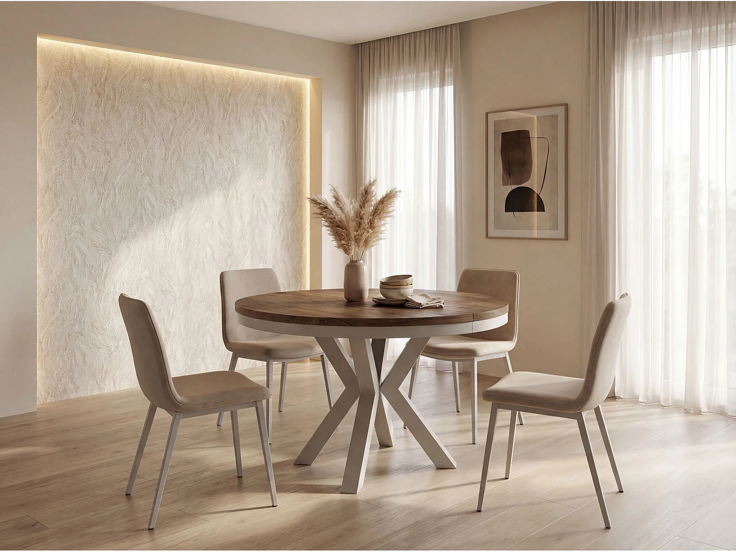 Runder Ausziehbarer Esstisch im Loft-Stil - Industrieller Tisch mit Grau-Beige Metallbeinen - Platzsparender Tisch für Wohnzimmer