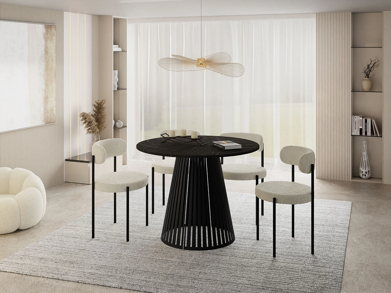 Esstisch Rund Ausziehbar mit Lamellen im Loft-Stil – 120 cm – Industrieller Tisch mit Schwarzen Metallbeinen, Platzsparend für Wohnzimmer Esszimmer –