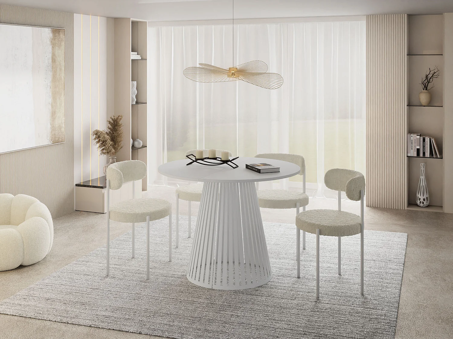 Esstisch Rund Ausziehbar mit Lamellen im Loft-Stil – 120 cm – Industrieller Tisch mit Weißen Metallbeinen, Platzsparend für Wohnzimmer Esszimmer –