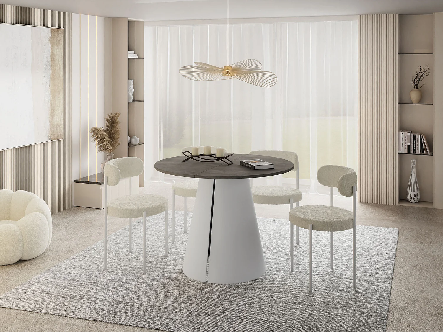 Esstisch Rund Ausziehbar im Loft-Stil – 120 cm – Industrieller Tisch mit Weißen Konischem Metallbeinen für 6-10 Personen, Wohnzimmer – Beton-Optik 