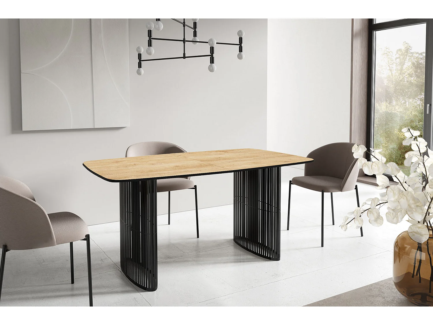 Esstisch Rechteckig Ausziehbar mit Lamellen im Loft-Stil – 160 bis 240 cm – Schwarzen Metallbeinen, Abgerundeten Ecken – für 8-12 Personen – Wohnzimmer – Braun