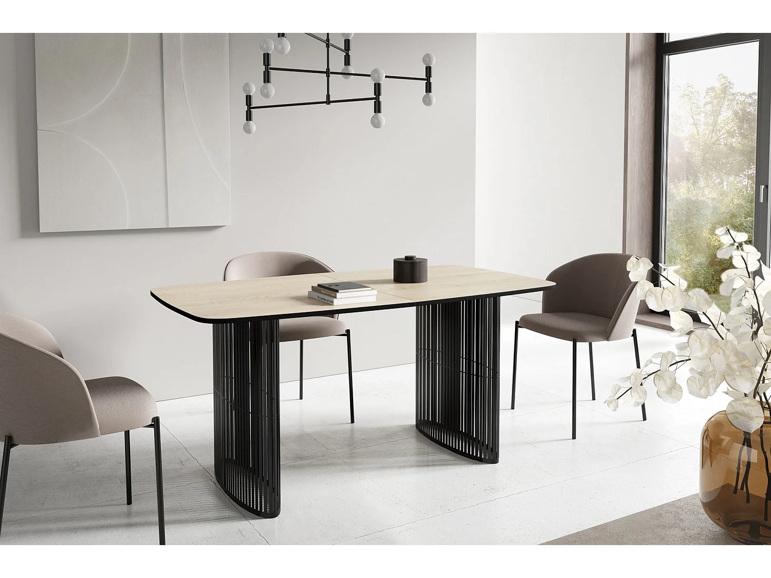 Esstisch Rechteckig Ausziehbar mit Lamellen im Loft-Stil – 200 bis 280 cm – Schwarzen Metallbeinen, Abgerundeten Ecken – für 12-16 Personen –