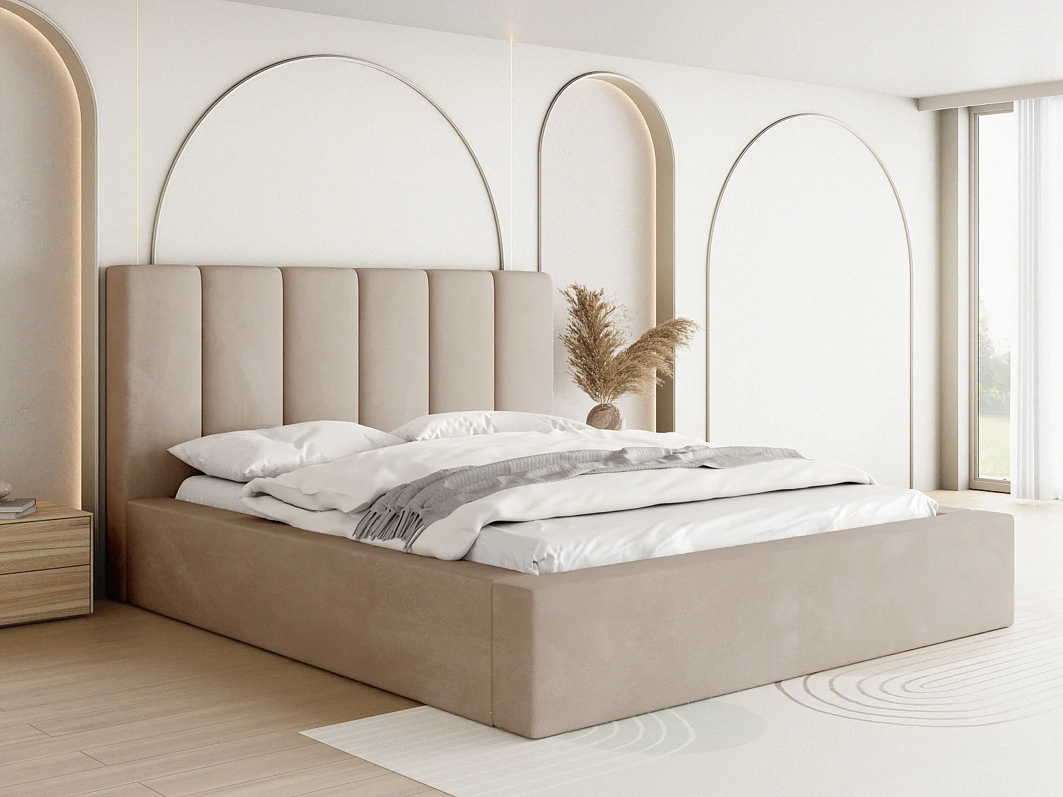 Polsterbett 140x200 – Bettkasten mit Lattenrost – Boucle oder Samt Creme – Hohes Kopfteil – Bettgestell ohne Matratze – Amira – Modernes Doppelbett –