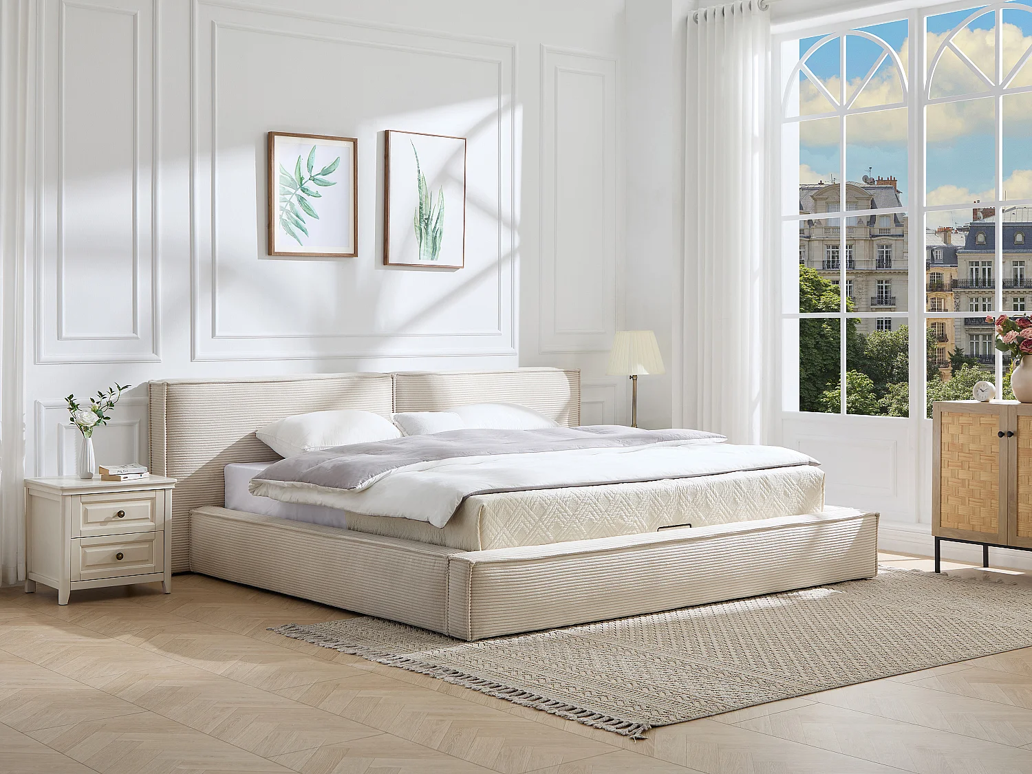 Bett mit Bettkasten, 180 x 200 cm – Cord-Velours – Beige