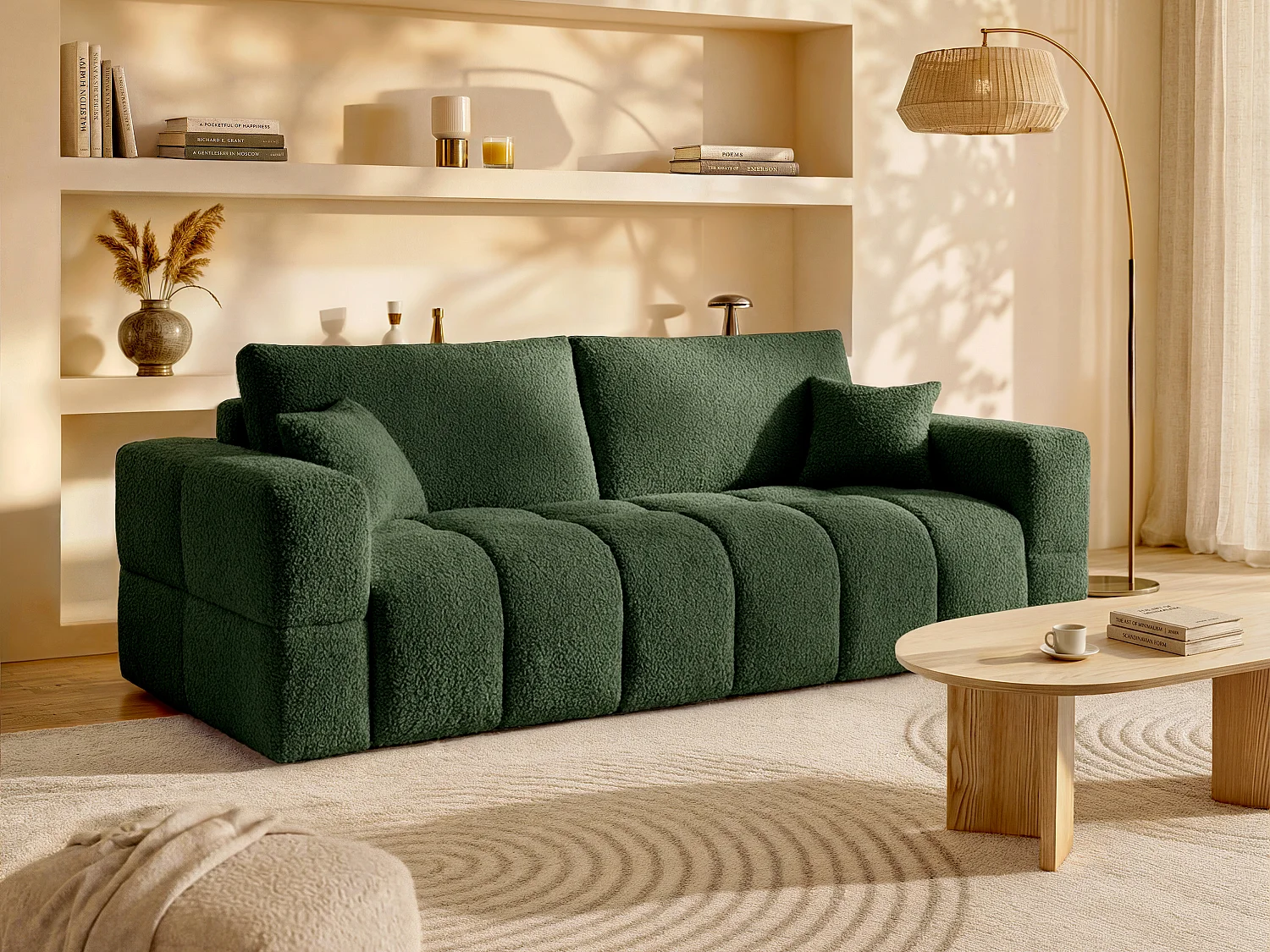 Schlafsofa 3-Sitzer mit Matratze – Bouclé-Stoff – Grün – Liegefläche 140 cm – Matratze 13 cm – ISSORO