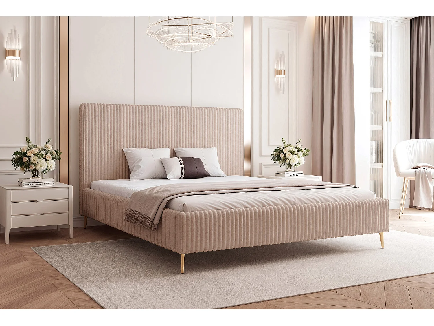 BESILIO Bett 120x200 Vienna – Bett mit Stauraum, schlankes Bett, Lattenrost – Samtstoff – Beige