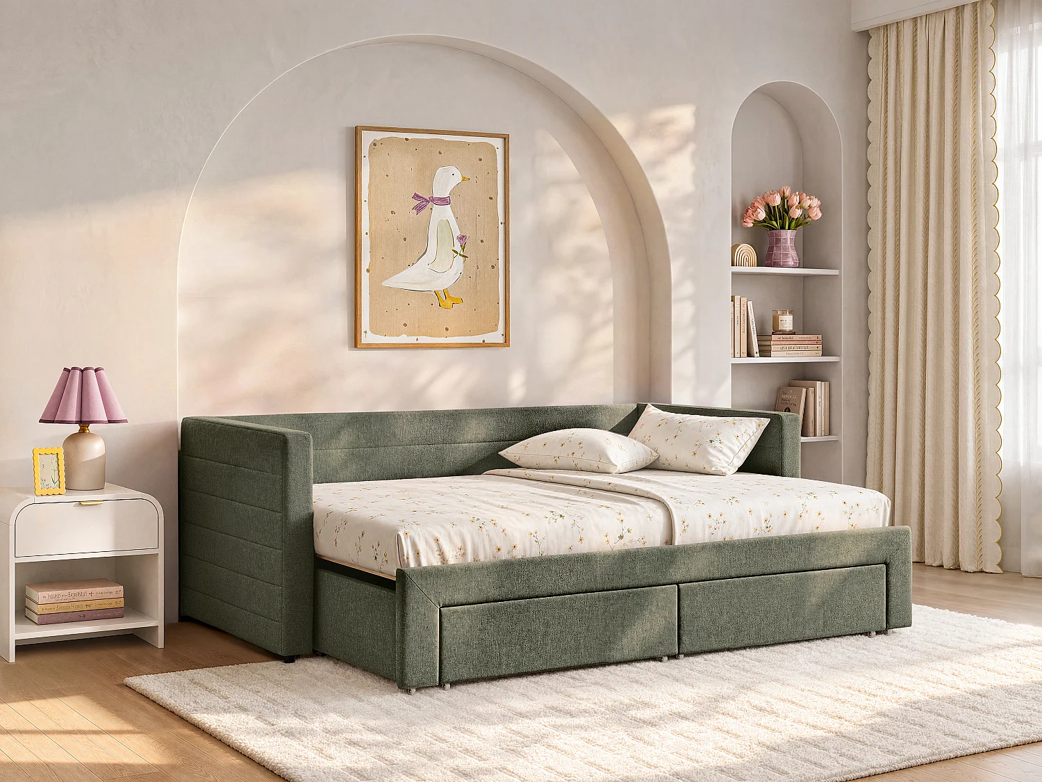 Tagesbett 2 x 80 x 200 cm – Mit Lattenrost & Schubladen – Texturierter Stoff – Grün + Matratze – CAMITY