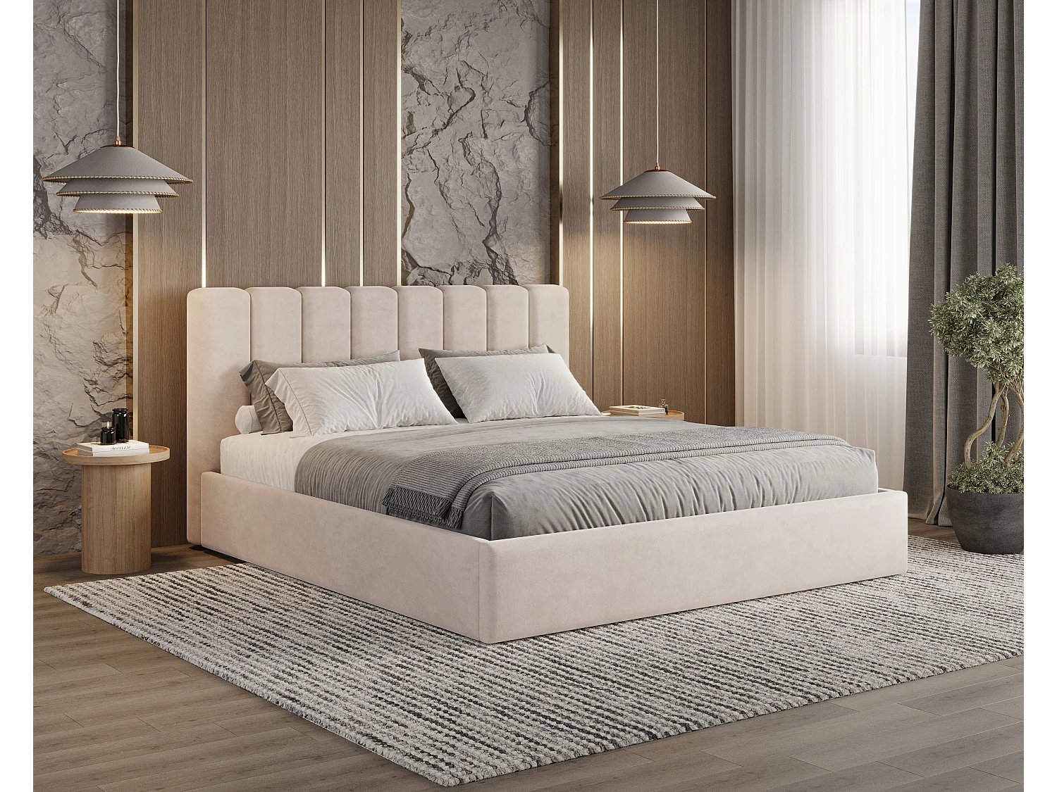 BESILIO Polsterbett mit Stauraum 160x200 Nuvia – schlankes Bett mit weichem Kopfteil und Metallrahmen – Beige
