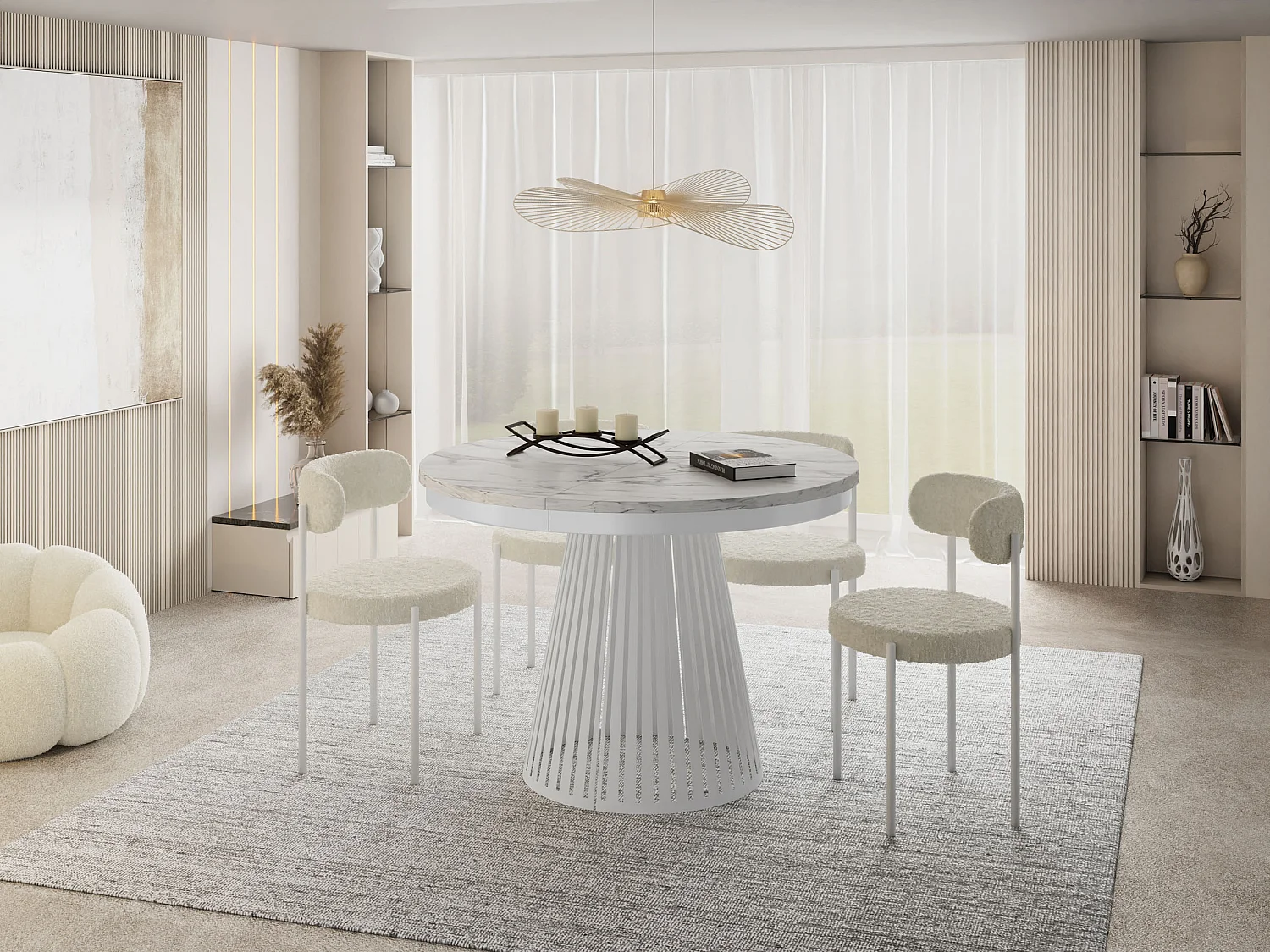 Esstisch Rund Ausziehbar mit Lamellen im Loft-Stil – 120 cm – Industrieller Tisch mit Weißen Metallbeinen, Platzsparend für Wohnzimmer Esszimmer – Marmor Weiß
