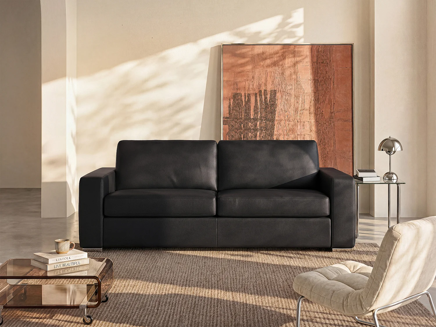 Schlafsofa 3 Personen mit Express-Bettfunktion aus schwarzem Büffelleder - Breite Latten 140 cm - Matratze 14 cm CALITO