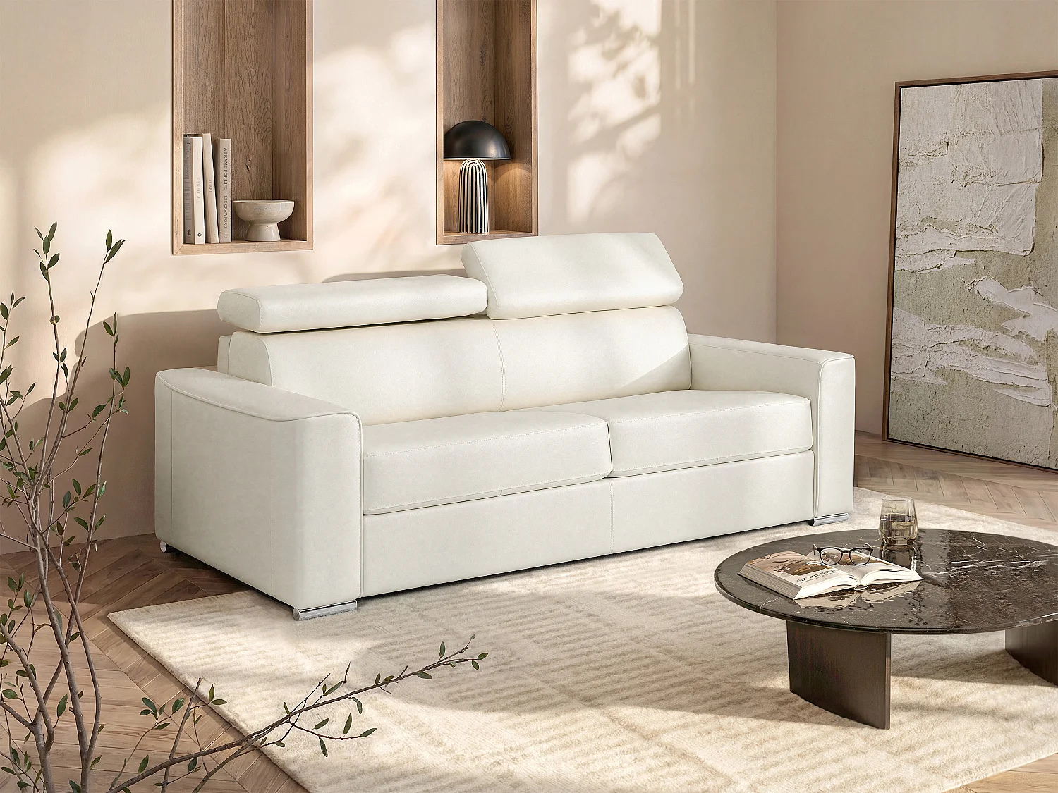 Schlafsofa mit Matratze 3-Sitzer - Büffelleder - Weiß