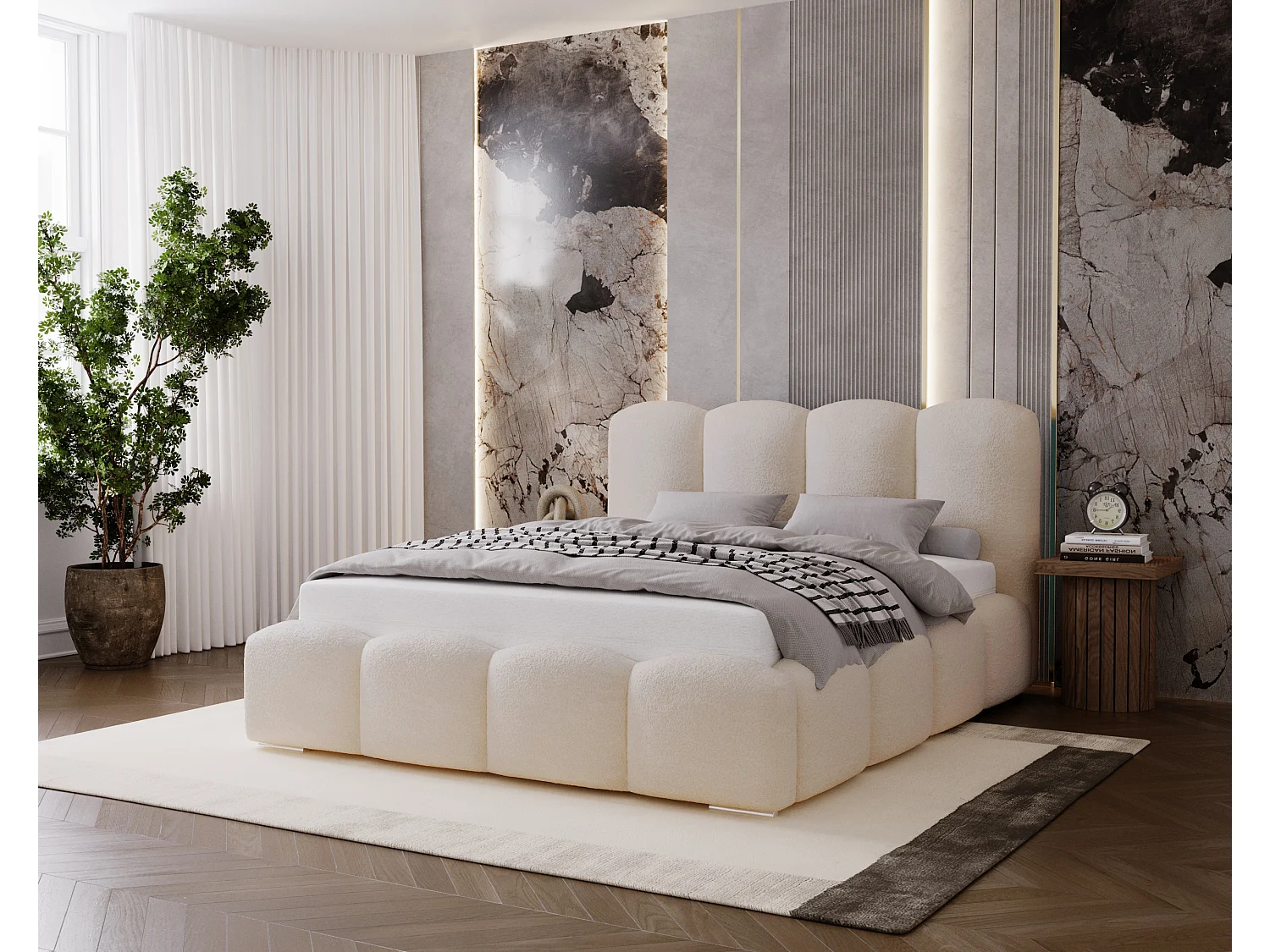 BESILIO Polsterbett 120x200 Fluffy – Wolkenbett Bouclé, Bett mit Bettkasten und Lattenrost, dicke Polsterung, modernes Stauraumbett Schlafzimmer –