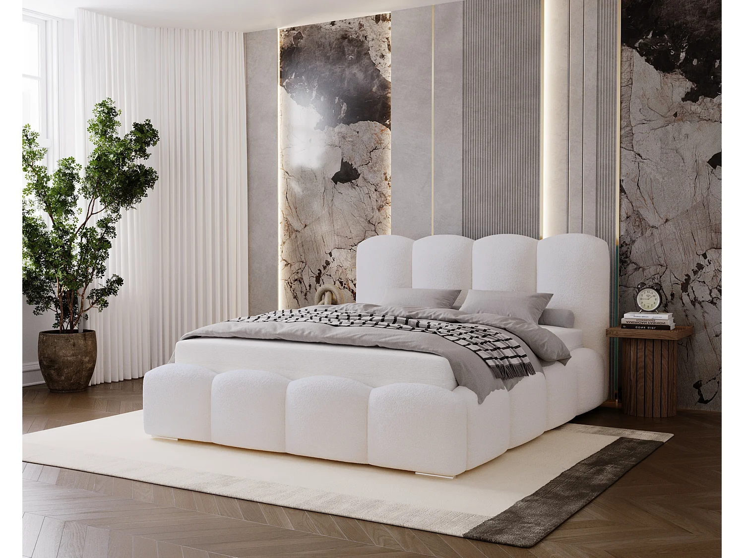 BESILIO Polsterbett 140x200 Fluffy – Wolkenbett Bouclé, Bett mit Bettkasten und Lattenrost, dicke Polsterung, modernes Stauraumbett Schlafzimmer –