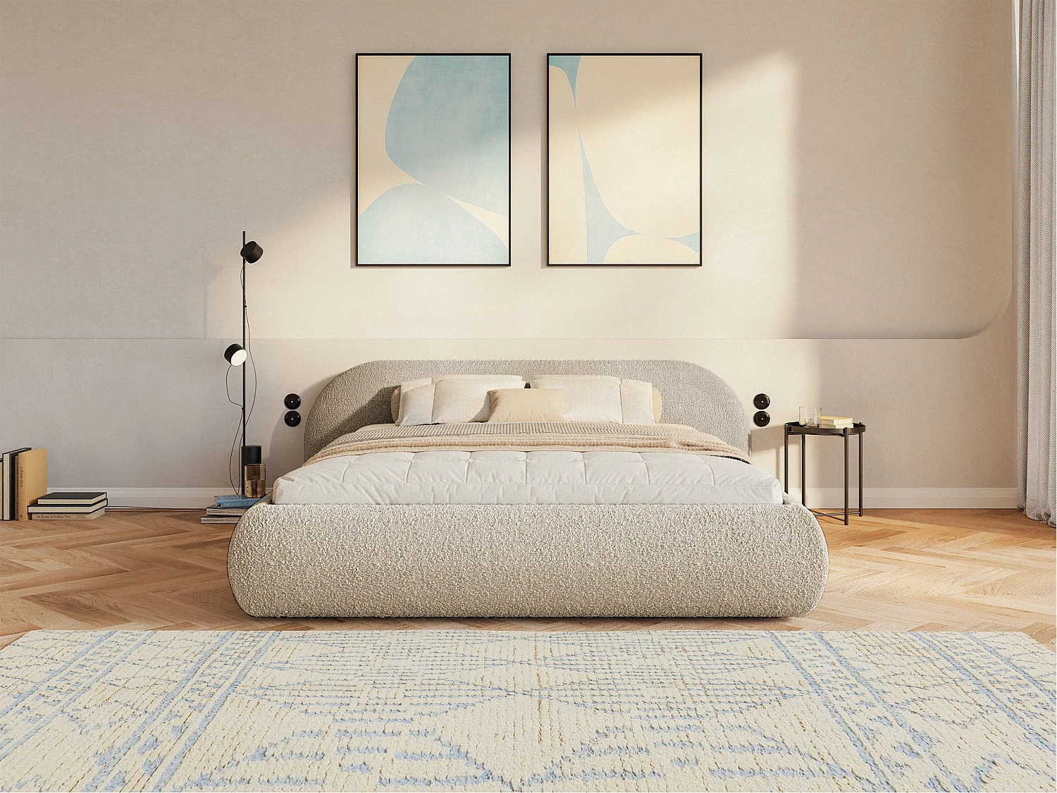 Polsterbett 160x200 mit Bettkasten – Bouclé – Hellbeige – SHELS LOW