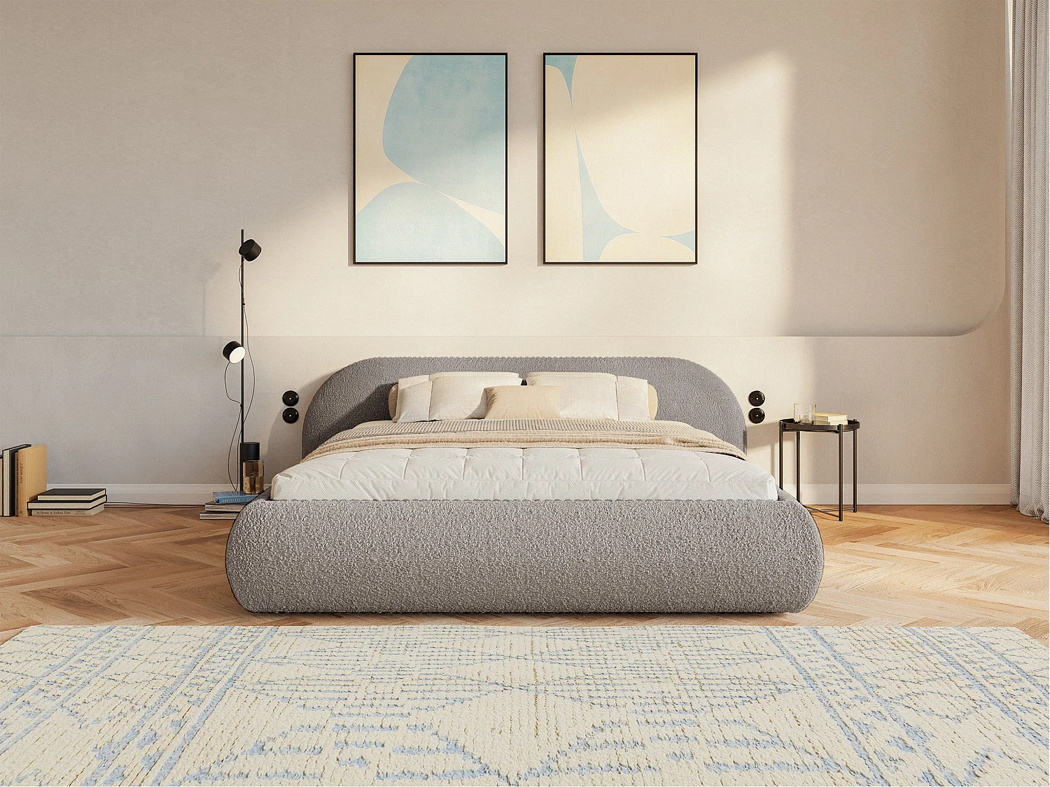 Polsterbett 140x200 mit Bettkasten – Bouclé – Graubeige – SHELS LOW