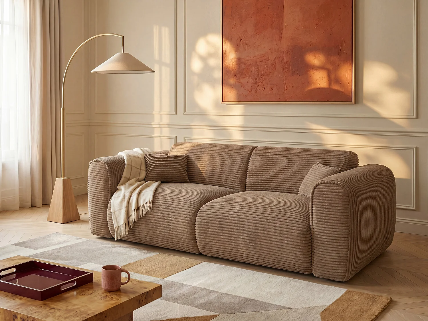 3-Sitzer Schlafsofa Express 140 cm aus Cord-Samt in Taupe