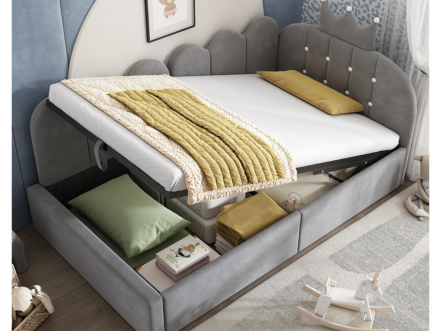Schlafsofa mit Bettkasten 90x190 cm - mit Stauraum - Samt - weist eine dekorative Krone auf
